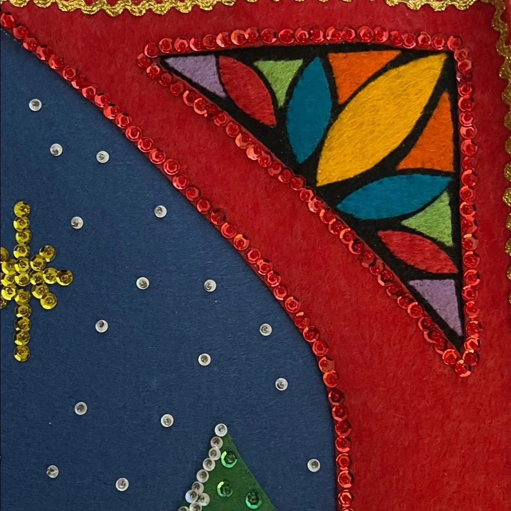 Vintage Handcrafted Colorful Christmas Wall Hanging with Angels-EUC